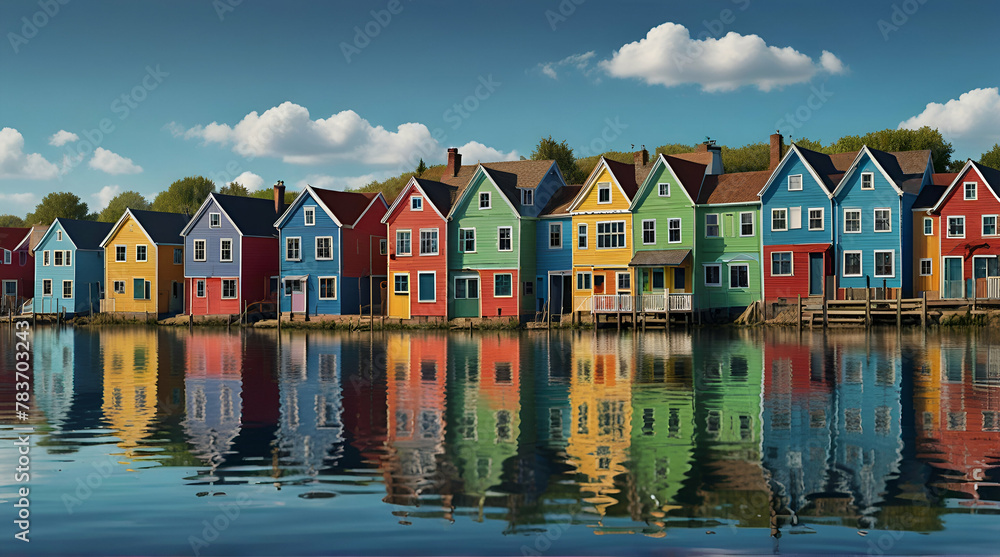 Illustraition of row of vibrant, colorful fantasy houses reflecting on water with whimsical blue sky. Charm beauty of coastal towns or villages.generative.ai 