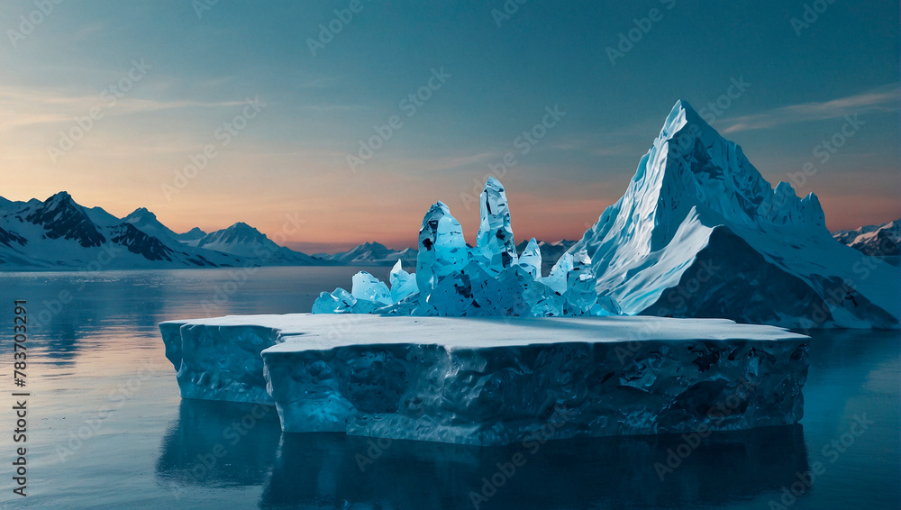 Ice Water Podium 3D Mountain Platform with Cool Glacier Landscape and Refreshing Blue Light Display