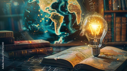 Education and Intelligence Collage with Global Travel Theme, bulb, light, map