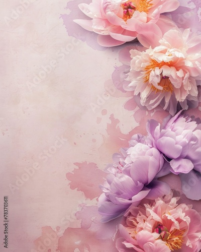 Elegant pink and purple peonies on watercolor background with space for text  floral botanical design concept