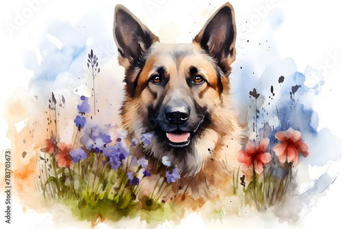 Shepherd in flowers in watercolor style. Portrait of a cute German Shepherd. Pets