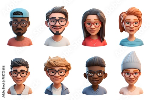 3D avatar of a group of young people of different genders and nationalities. A set of people. Portrait of different people