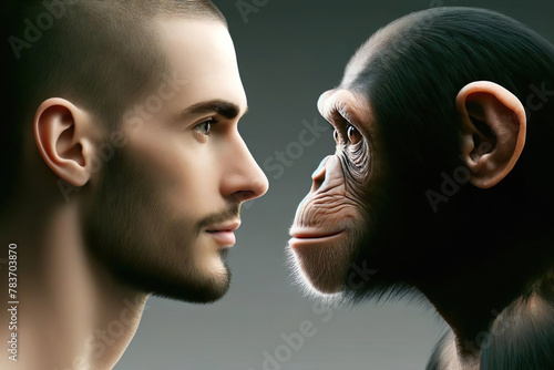 Side view of chimpanzee monkey and young man looking closely into each other's eyes