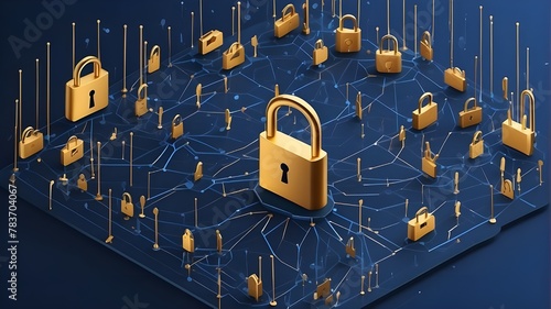 An isometric depiction of padlocks in a connected virtual network highlighting the value of several security gates for enhancing data and cyber security - flat illustration with a dark blue background