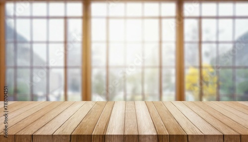Metropolitan Minimalism: Empty Wood Table with Blurred Glass Wall