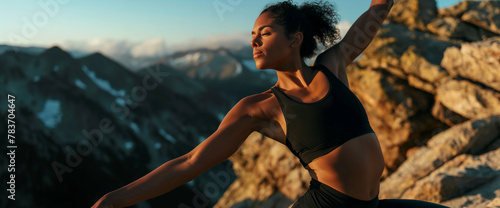 Lifestyle portrait of fit athletic black woman stretching and doing yoga workout on scenic mountain at sunrise