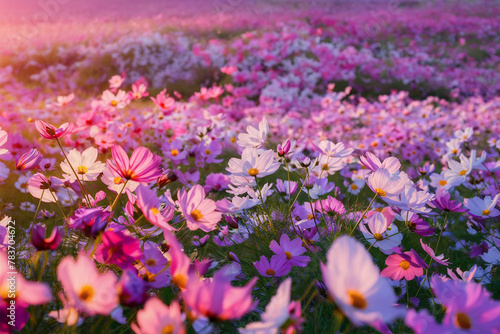 Capture the ethereal beauty of a cosmos flower field in full bloom.  