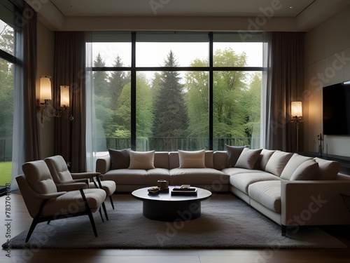 stunningly luxurious living room  exuding glamour and elegance  cozy ambiance and exquisite decor  large windows offer a beautiful outlook  generated ai