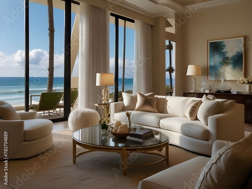 stunningly luxurious living room, exuding glamour and elegance, cozy ambiance and exquisite decor, large windows offer a beautiful beach outlook, generated ai © Niklas