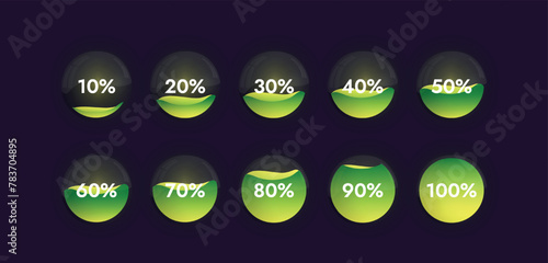 Glass spheres with reflections on a dark background with a bright liquid inside show progress from 10 to 100 percent depending on how full the sphere is.