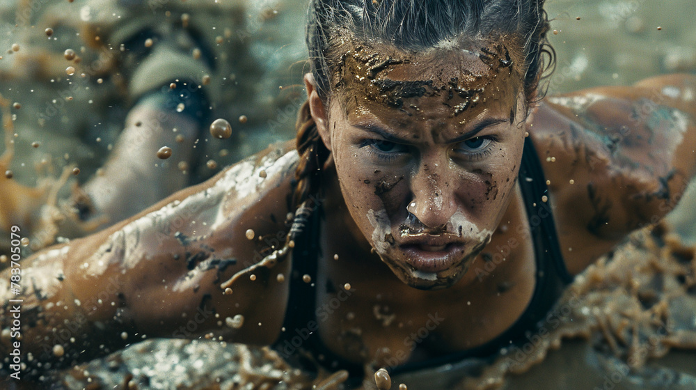 Determined female athlete enduring tough mud race. Endurance challenge Determined female athlete enduring tough mud race. Endurance challenge