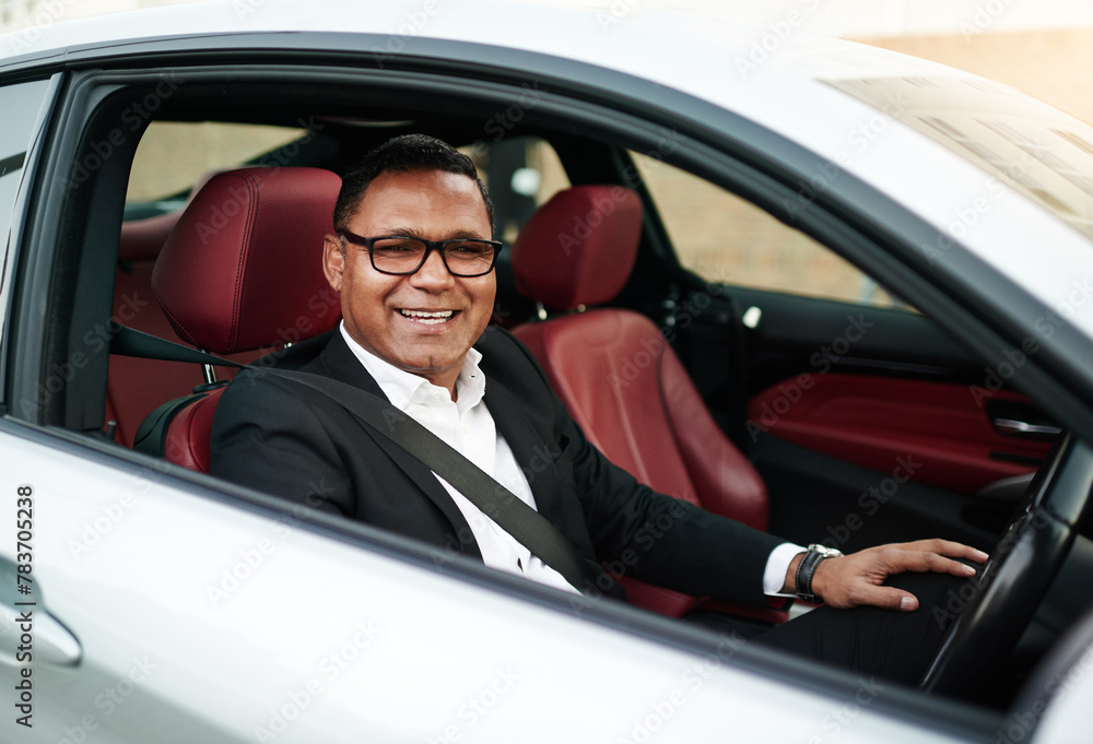 Portrait, mature man and happy with driving car as business person to test drive, experience and comfort. Vehicle, dealership and smile or satisfied with choice, features and safety as present