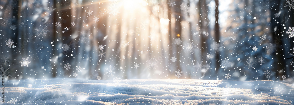 Sun rays piercing through snowy winter forest landscape. Panoramic nature background Sun rays piercing through snowy winter forest landscape. Panoramic nature background
