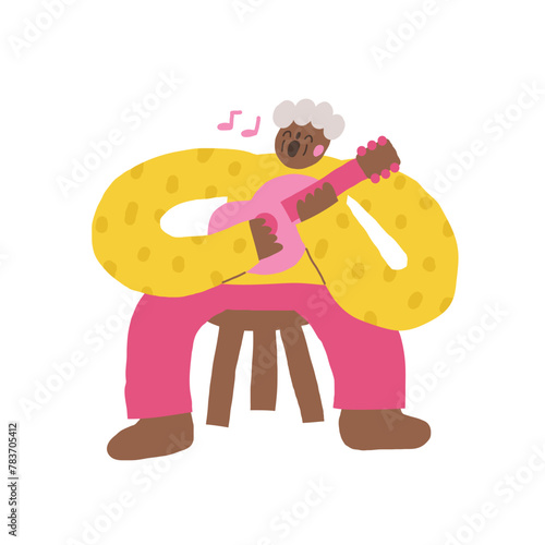 Old person icon. Cute hand drawn doodle isolated grandfather. Old gentleman, man sinning song, playing guitar background
