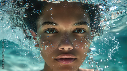 beautiful brown mixed race woman underwater with brown open eyes and clear skin face facing forward looking at camera created with Generative AI Technology © AstraNova