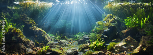 Serene underwater landscape with vibrant aquatic plants. Panoramic background