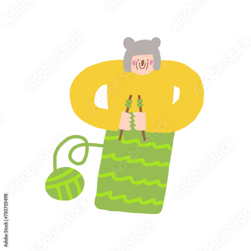 Old person icon. Cute hand drawn doodle isolated grandmother. Old lady, woman knitting background