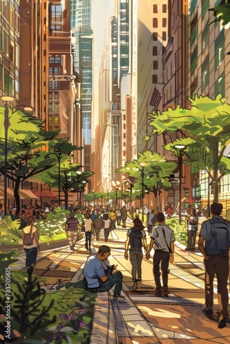 Urban planners creating pedestrian-friendly pathways in a bustling downtown area