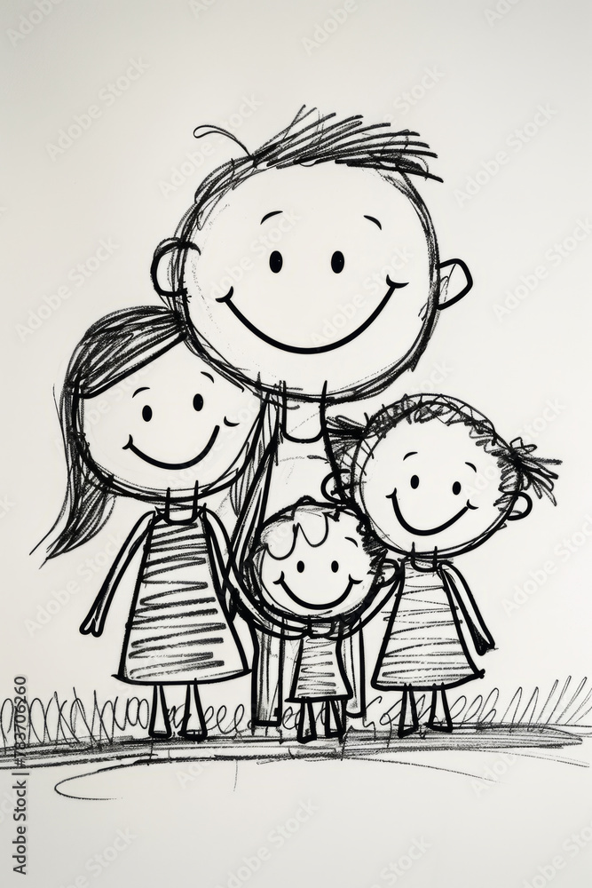 A playful and simple family doodle drawing featuring stick figures of parents and children on a white background.