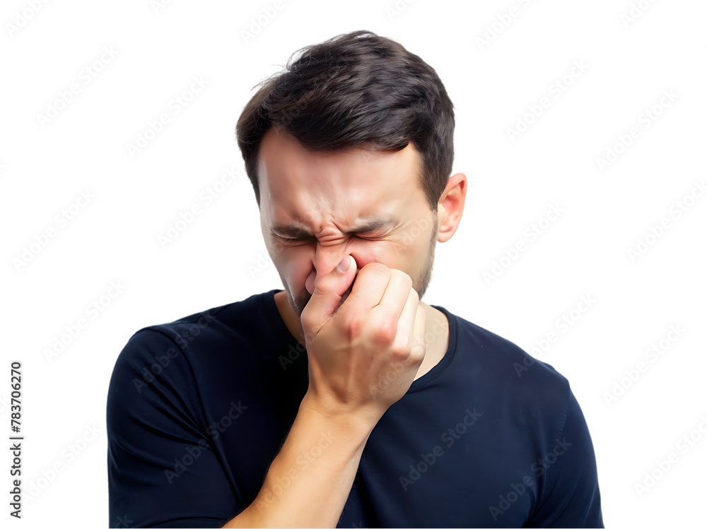 man holds his nose to pain man holds his nose to pain