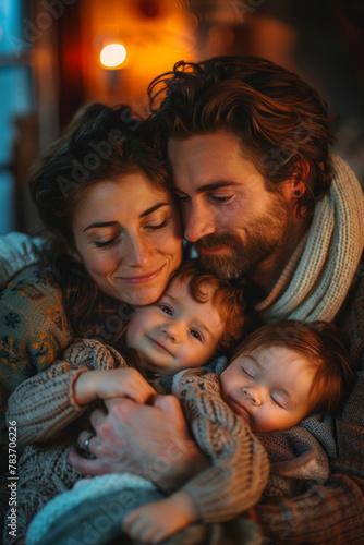 A warm and joyful moment as a family embraces while welcoming a new baby at home