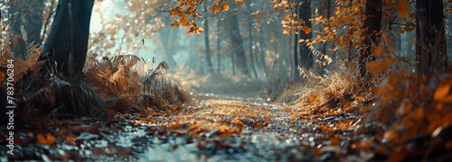 Golden autumn forest path in serene landscape background design