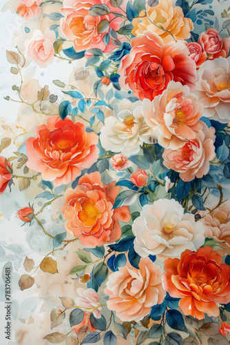 Beautiful watercolor painting of roses and peonies for a wedding invitation, creating an elegant and romantic atmosphere.