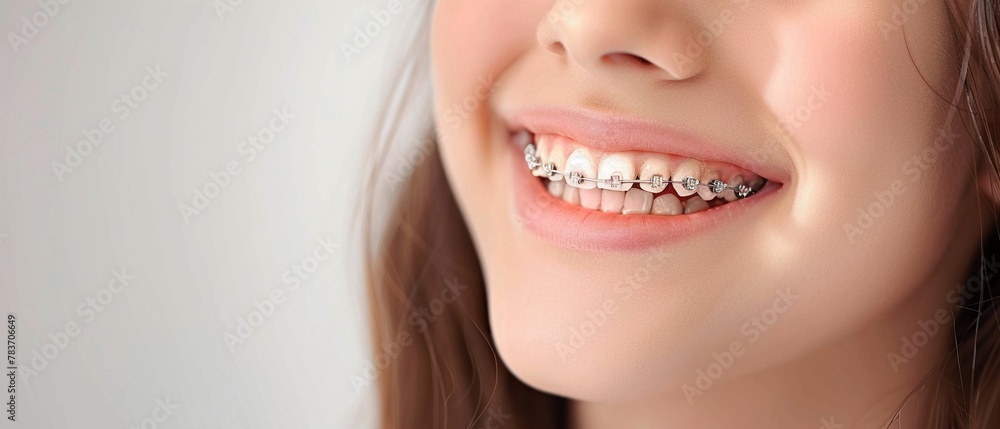 A close-up of a smiling young girl with dental braces A close-up of a smiling young girl with dental braces