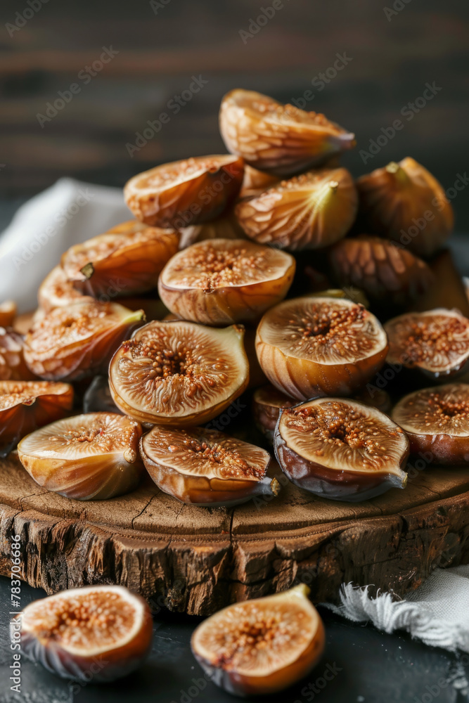Displaying dried figs on a wooden platter to showcase their elegance, shape, and sweetness. Displaying dried figs on a wooden platter to showcase their elegance, shape, and sweetness.