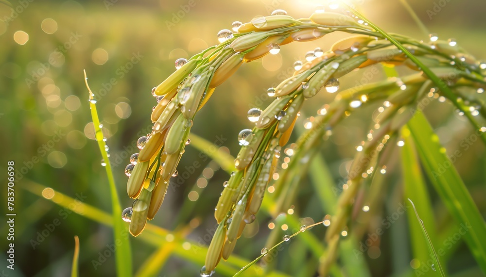 Fototapeta premium A closeup view of fresh dew drops glistening on the green stalks of a rice plant in the early light of dawn