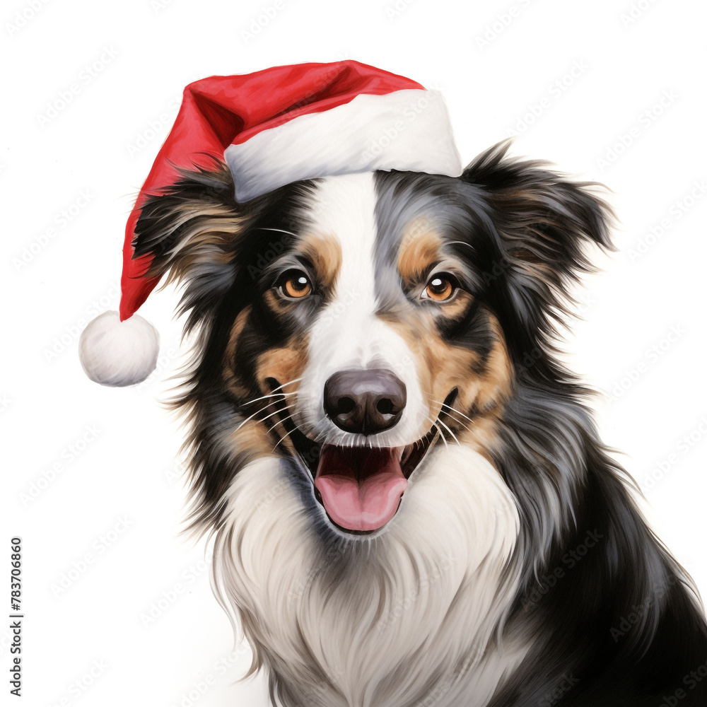 Fototapeta premium broder collie smiling wearing a christmas hat, portrait, white background сreated with Generative Ai