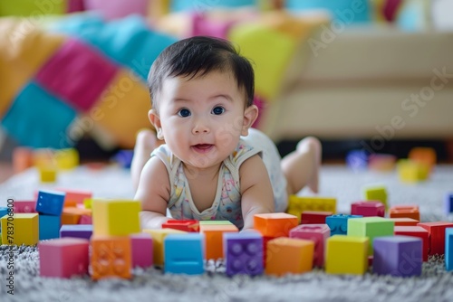 Fascinated Curly adorable baby playing with colorful blocks. Toddler plays in constructing colorful wooden cubs game. Generate ai