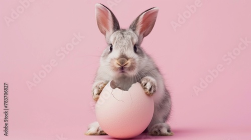 A cute bunny peeking out from a cracked Easter egg on a soft pink background.
