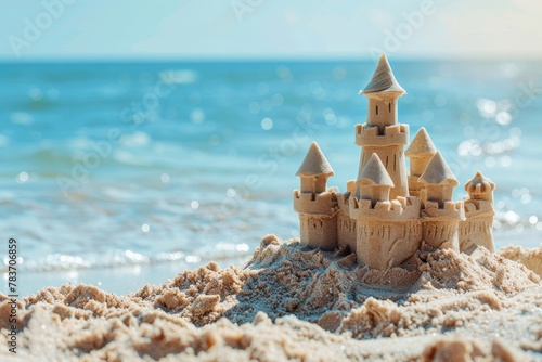 Close-up of a sandcastle on a beach with a blurred background of sea and cliffs. Beautiful simple AI generated image in 4K, unique.