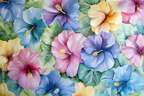 Vibrant Hibiscus Flowers Painting on Blue, Pink and Yellow Background for Floral Art Collection Concept