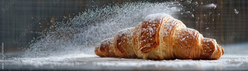 A freshly baked croissant is dusted with sprinkles of sugar - obrazy, fototapety, plakaty 
