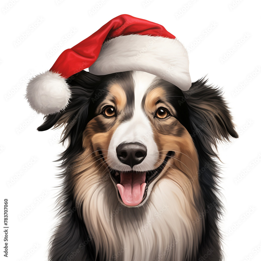 broder collie smiling wearing a christmas hat, portrait, white background сreated with Generative Ai