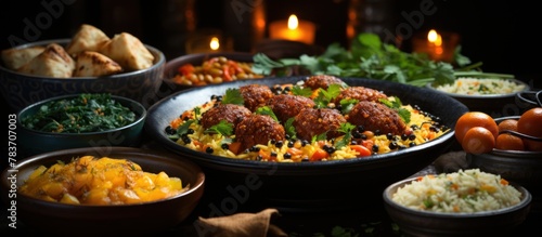 Traditional Arabic pilaf with meatballs, rice and vegetables on dark background