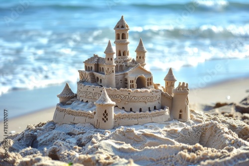 Close-up of sand castles on the beach in Dubai, partially out of focus. Beautiful simple AI generated image in 4K, unique. photo
