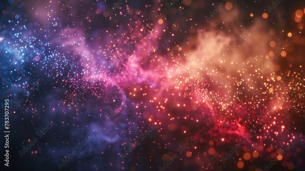 Vibrant display of colorful firework particles against a dramatic black backdrop.