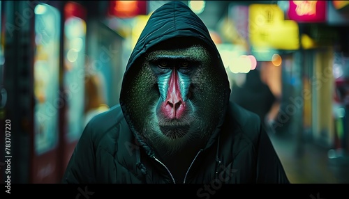 A mandrill monkey wearing an urban hoodie, staring intently in a futuristic urban corridor, blurring the line between human and animal