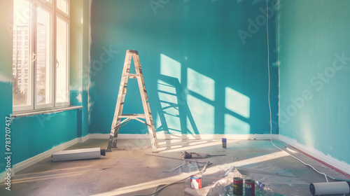 Sunlight filters through a window onto a ladder in a room being painted teal photo