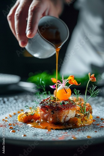 A sophisticated culinary presentation of a gourmet dish with a hand pouring a delicate sauce over a pureed garnish and roasted food. © Creative_Bringer