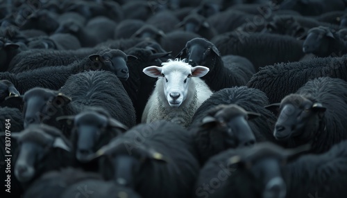 A single white sheep looks directly at the camera while standing amidst a flock of black sheep, illustrating the concept of standing out photo