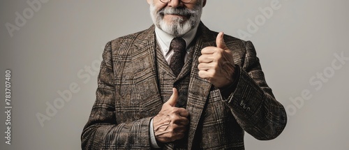 A sophisticated elderly gentleman in a tailored suit with a waistcoat and tie giving a thumbs up, embodying confidence and style photo