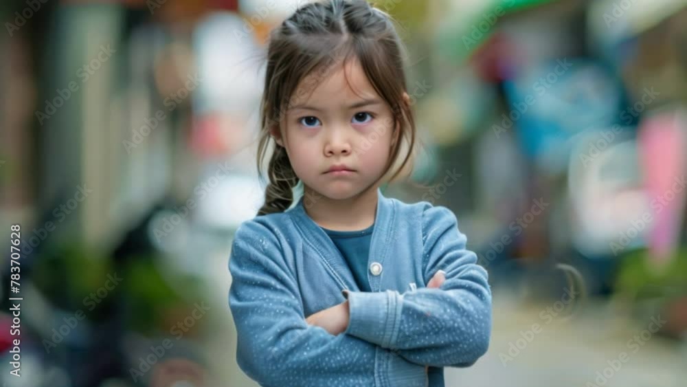 As she stood outside the school with her arms crossed, the little girl had a sullen look on her face. Struggling with emotions and stress As she stood outside the school with her arms crossed, the little girl had a sullen look on her face. Struggling with emotions and stress