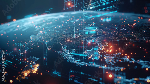 Representation of interconnected data points and secure networks on a digital globe reflecting a global security concept.