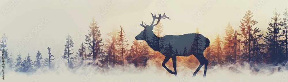 Artistic double exposure image of a deer silhouette blending with a serene forest landscape. - obrazy, fototapety, plakaty 