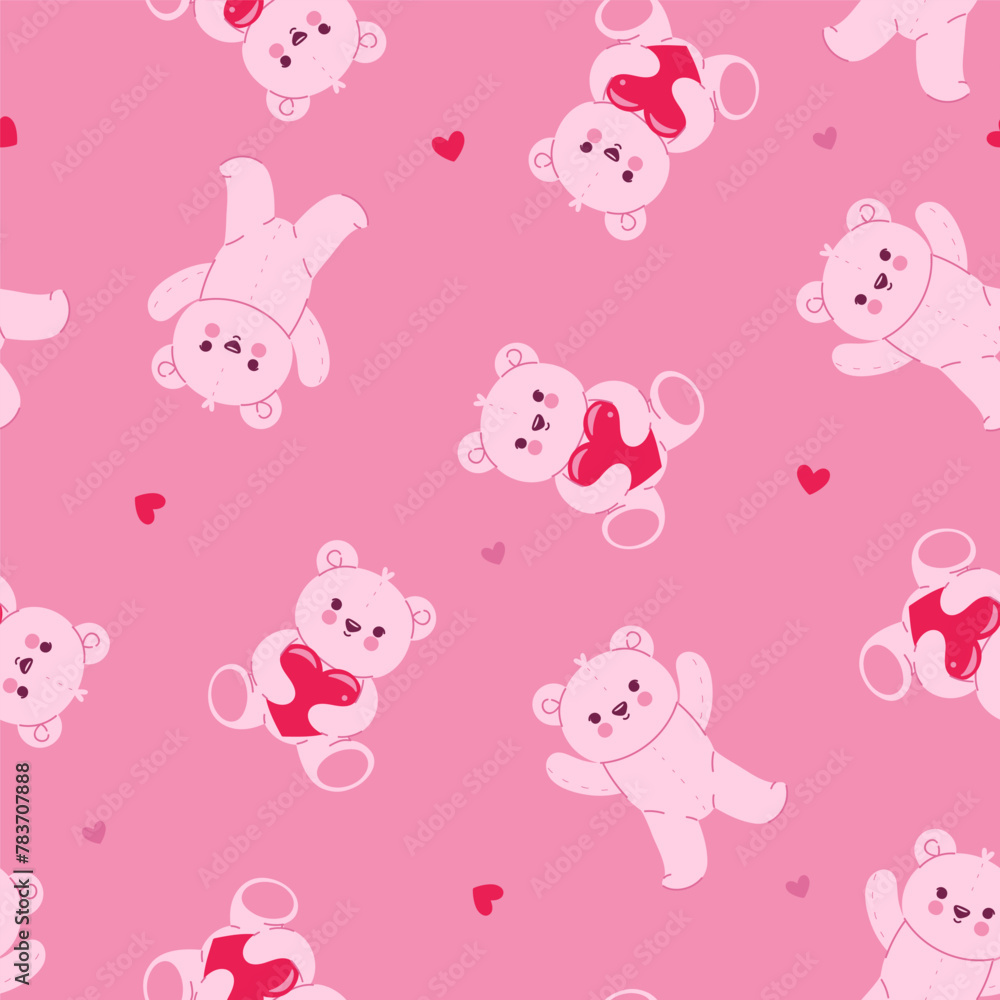 Pink seamless pattern with toy bears and hearts. Vector graphics.