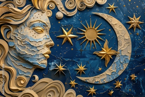 Ethereal paper art portrait of a woman with moon and stars on blue background in night sky © VICHIZH